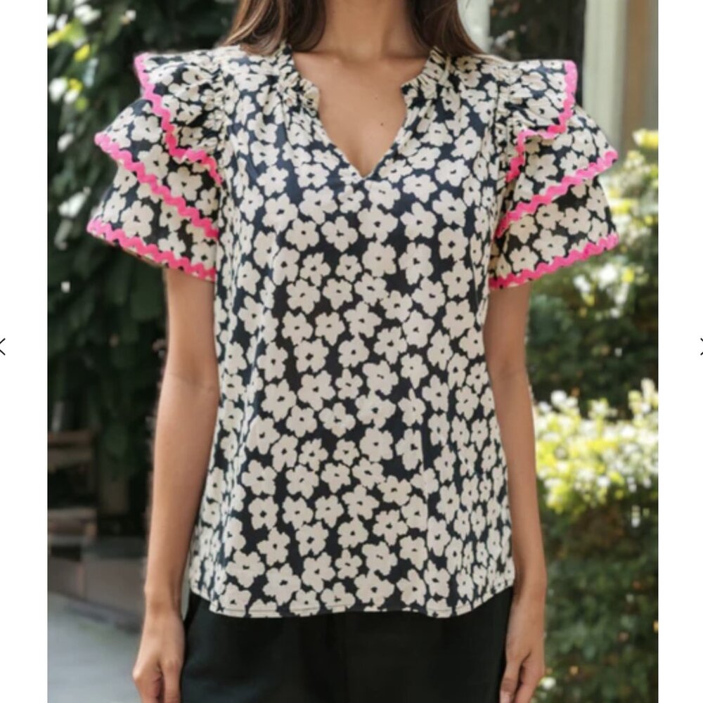 Entro Floral Contrast Ric Rac Layered Ruffle Sleeve Blouse Medium